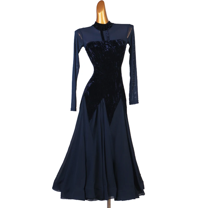 Vestidos de salón de terciopelo azul para mujer, vestido Sexy de mangas largas para baile de Vals, gran Swing, trajes de baile de competición de salón