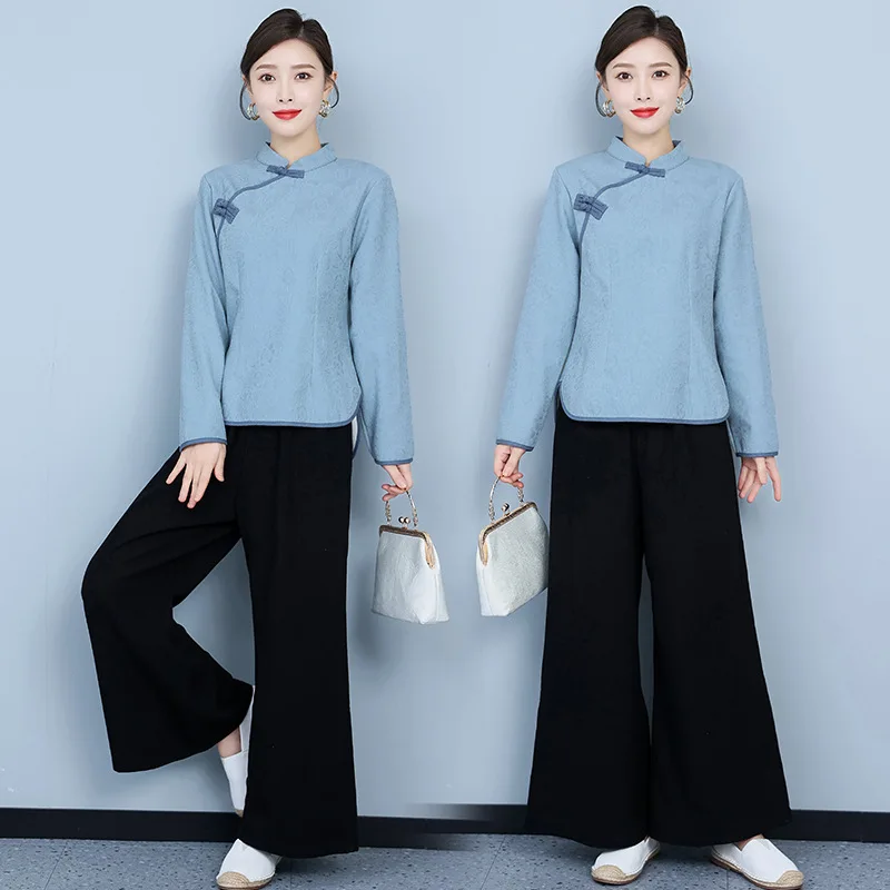 Chinese Clothing for Women Shirt Tang Suit Autumn Winter Plus Velvet Top Pants Set Blouse Hanfu Solid Color Loose Trousers