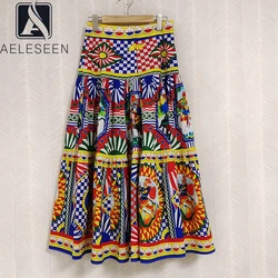 AELESEEN High Quality 100% Cotton Sicilian Skirt 2022 Autumn Poplin Retro Printing Plaid Long Elegant Party Holiday Skirt