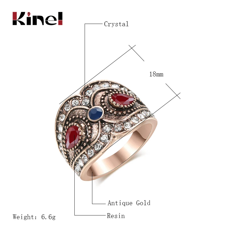 Kinel Fashion Women Ring Antique Gold Red Stone Crystal Flower Big Rings Vintage Wedding Jewelry Drop Shipping