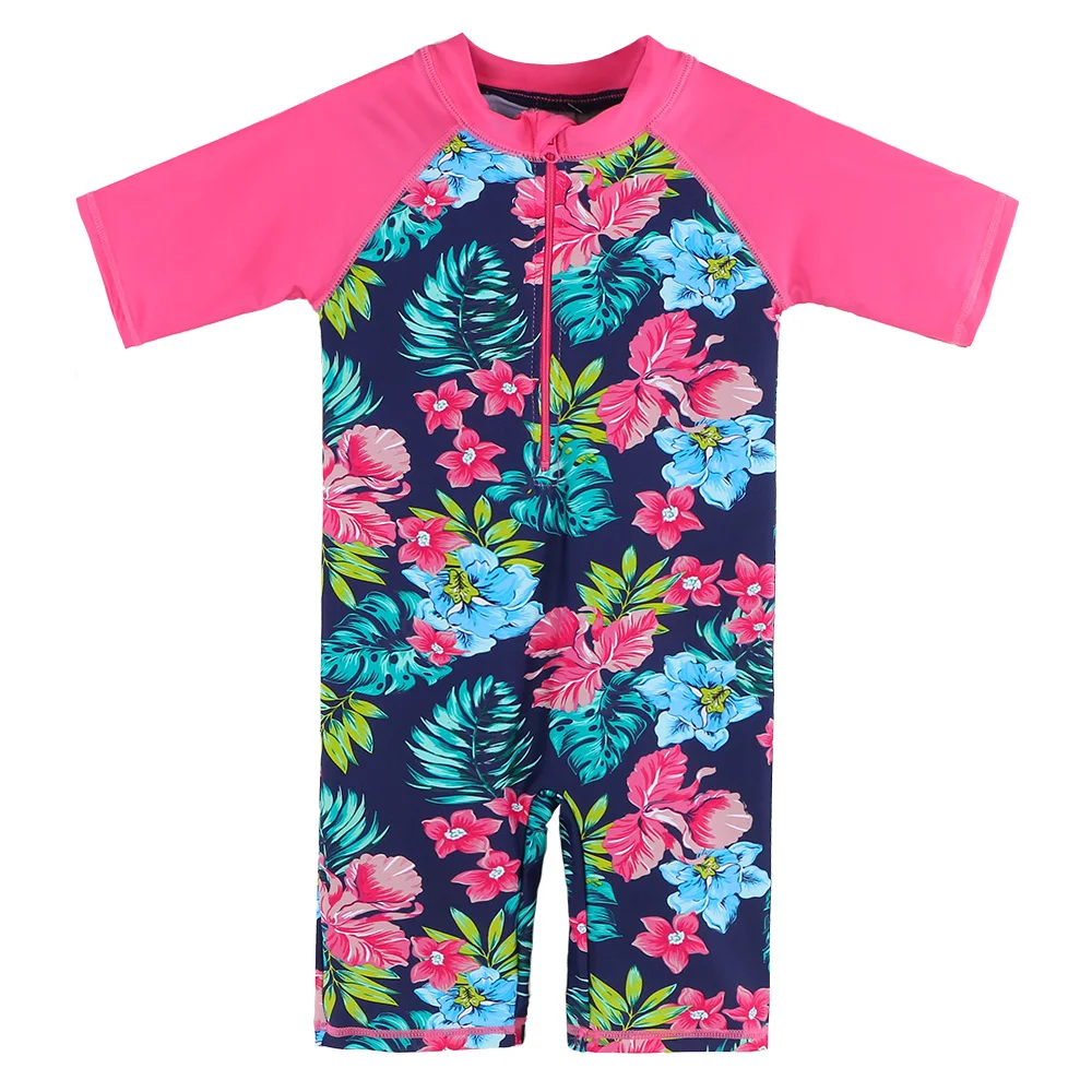 BAOHULU Navy Floral Kids Swimsuit UV UPF50+ Short Sleeve Toddler Girls Swimwear Children Swimming Suit Beachwear for 2-11 Yrs