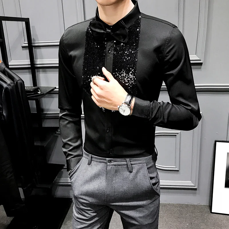 Sequins Tuxedo Shirts Men Long Sleeve Camisa Masculina 2020 Black White Casual Slim Fit  Men Dress Shirts Streetwear Social Tops