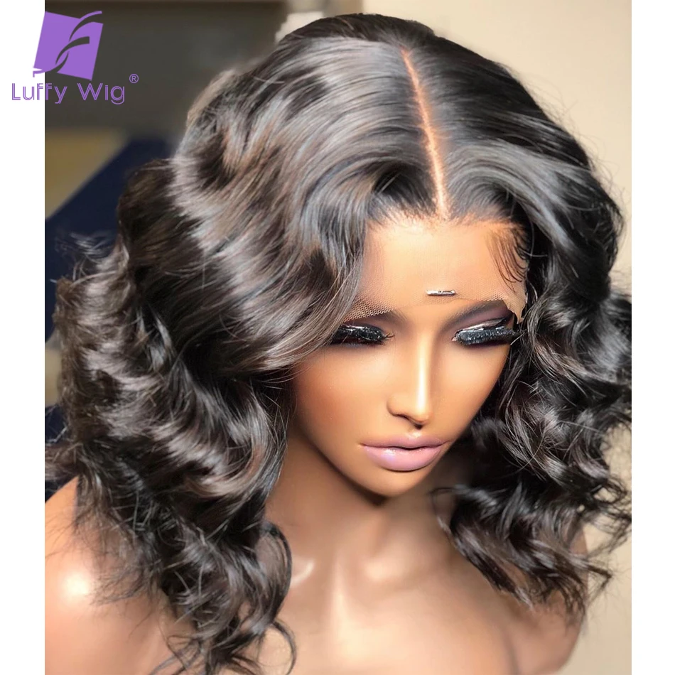 Luffywig Short Wavy PU Silk Base Wig 5x5 Silk Base Lace Closure Wig Bob Lace Front Human Hair Wigs Pre Plucked Remy Hair Wigs