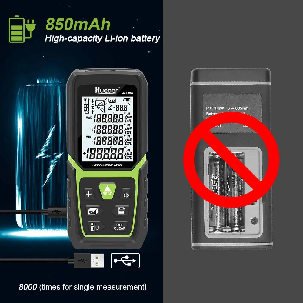 Imagem -04 - Telêmetro a Laser Lcd Retroiluminado com Bateria Li-ion e Sensor de Ângulo Elétrico Medida de Distância a Laser m em ft 50 100 120 Metros