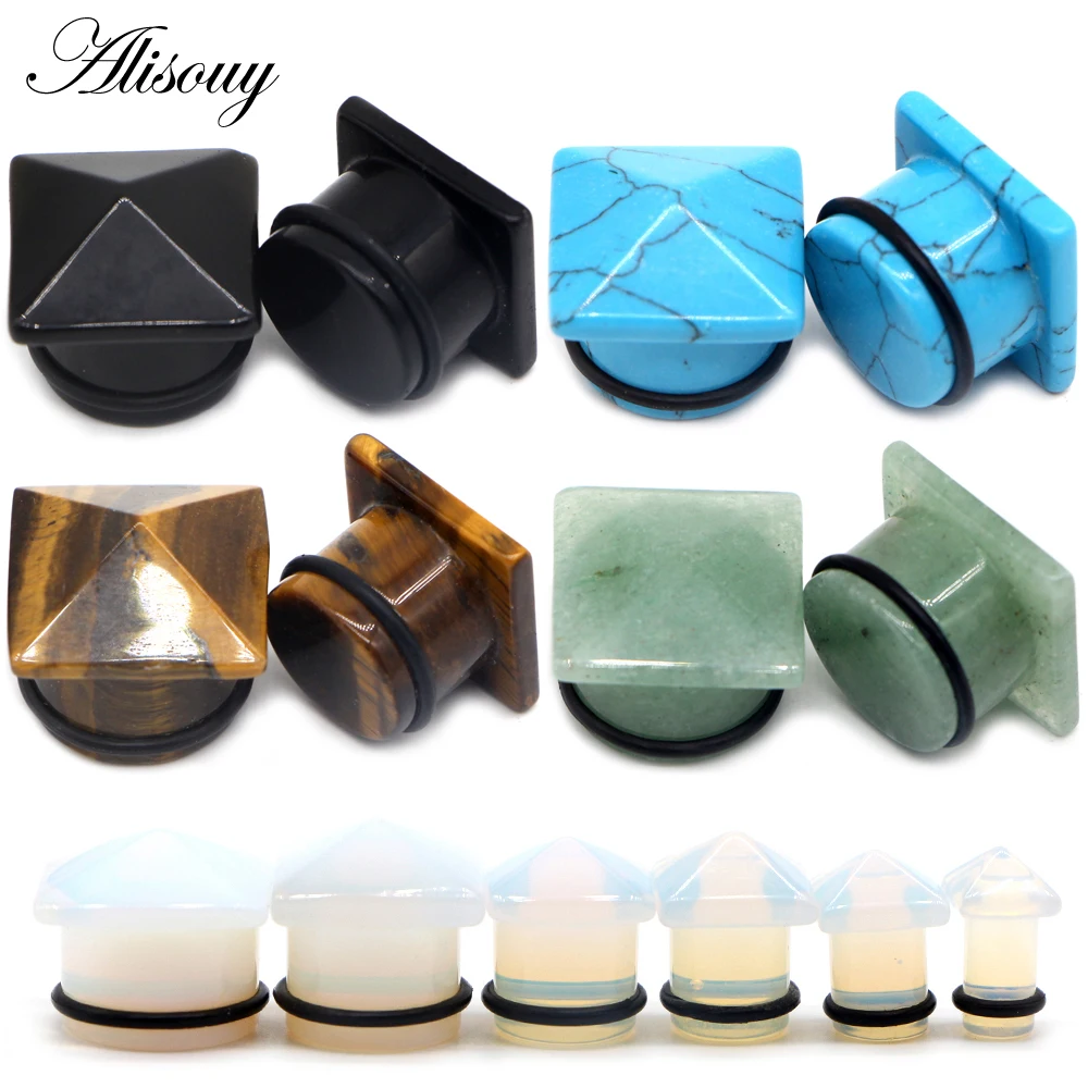 Alisouy 2Pc Hot ear expansion square-shaped stone fashion tunnel jewelry earrings piercing expander ear Plug Jewelry