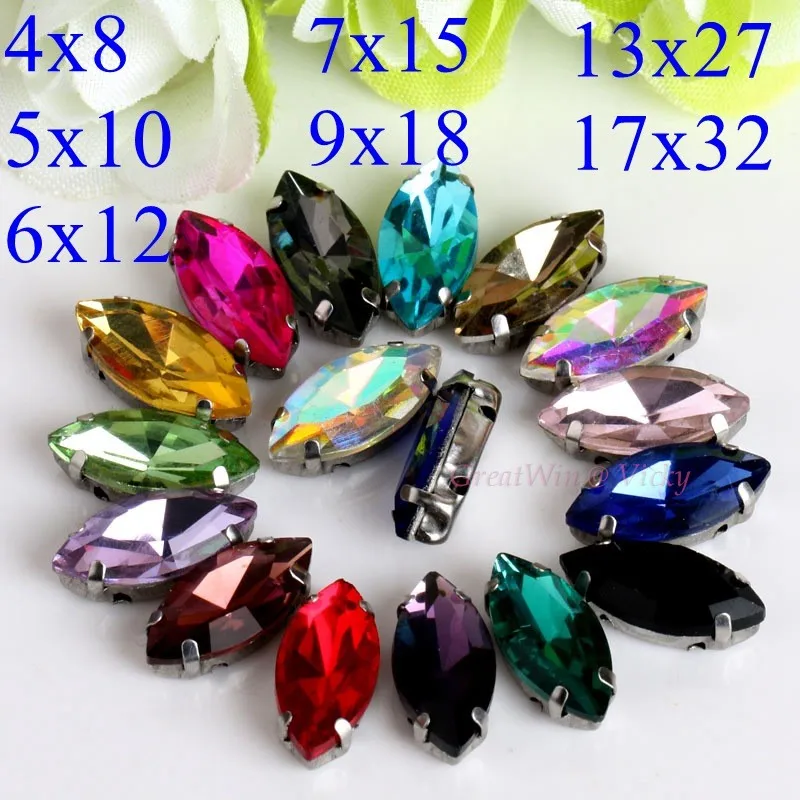 Glass Rhinestones! Horse Eye Shape Diamond With Claw Marquise Shape Sew On Strass Metal Base Buckle Stone Wedding Decoration