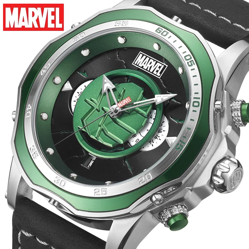 Original Marvel The Avengers Hulk Quartz Calendar Wristwatches Male Stainless Steel Green Giant Multiple Time Zone Coated