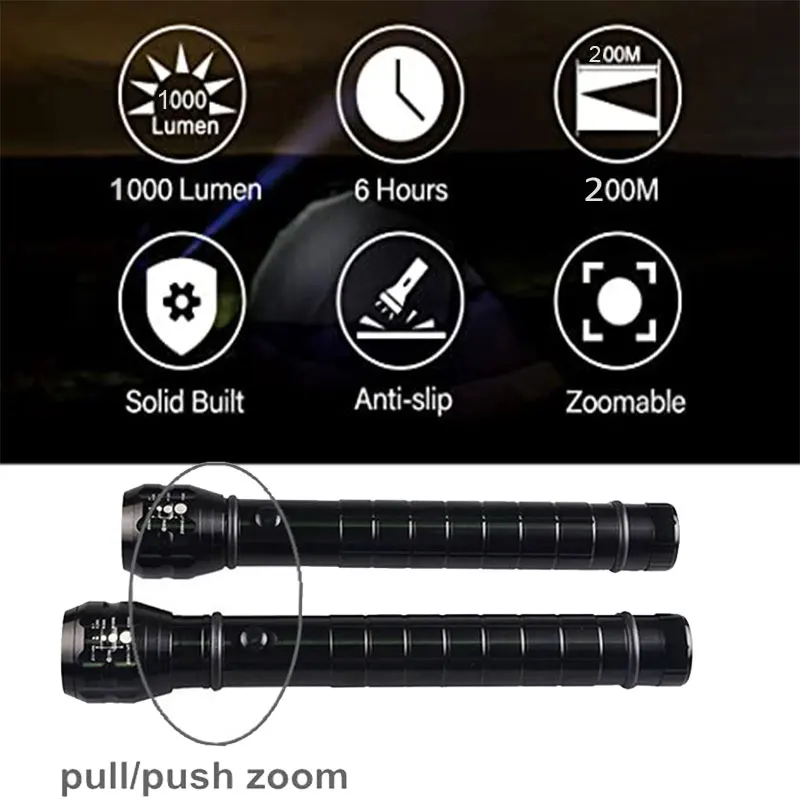 TMWT Metal Reflector D Battery or Rechargeable 18650 battery Long size Zoom Flashlight 3W LED Yellow Light Torch Lamp Lantern