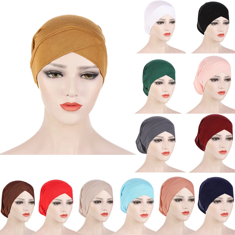 

Soft Cotton Inner Hijab Caps Muslim Stretch Turban Cap Women Solid Islamic Underscarf Bonnet Hat Female Headband Turbante Mujer