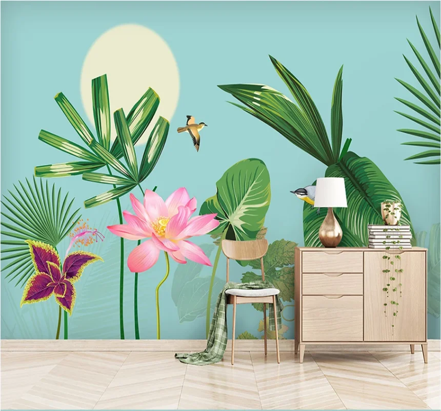 

Simple flower, bird and moon background wall flower blooming rich and honorable custom wallpaper 8D wall covering