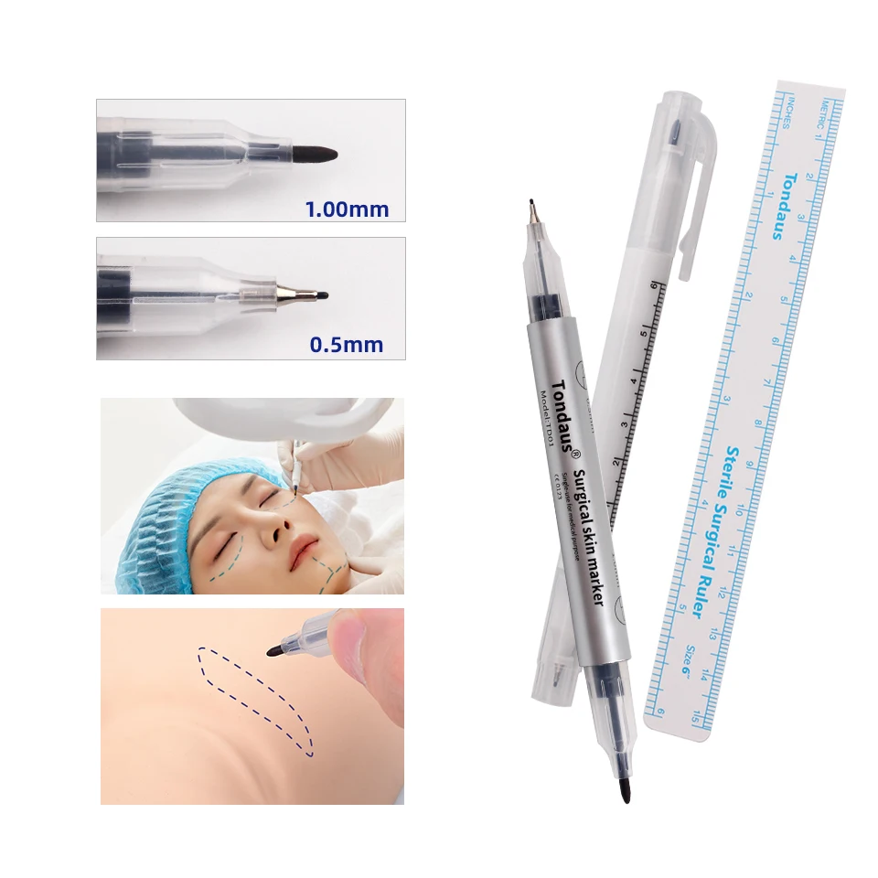 Marcador de piel para tatuaje, accesorios de herramientas quirúrgicas para cejas, 0,5mm/1mm, pluma de punto fijo con juego de reglas