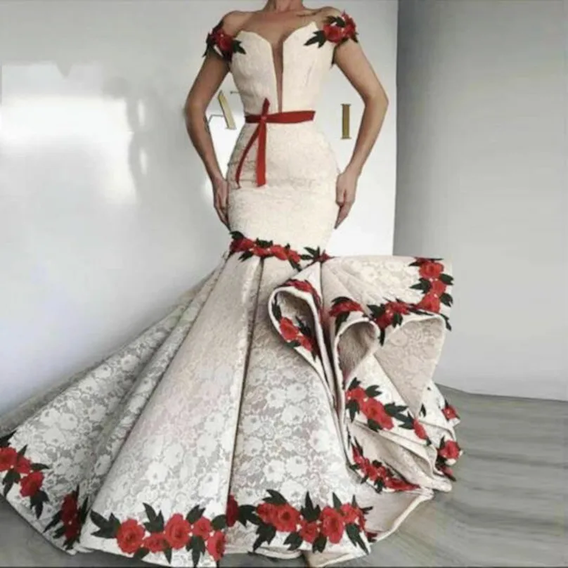 Dubai African Prom Dresses Off The Shoulder Appliques Lave Flowers Sash Lace Mermaid Evening Dress robe de soiree Women Wear