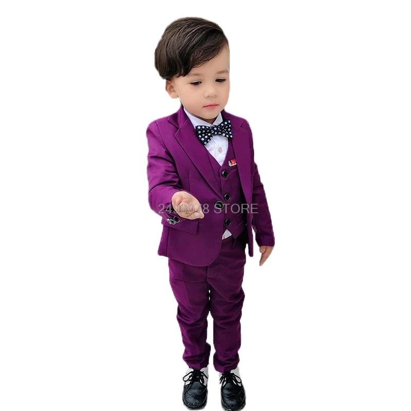 Kids Blazer Vest pants 3Pcs Set Flower Boys Wedding Suit Children Formal Tuxedo Performance Host Dance Party Dress Costume