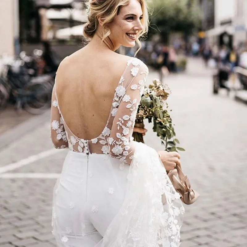 Combinaison de mariage florale en dentelle de campagne avec train, col bijou, manches longues, dos nu, bohème, robe de mariée de plage, robe éducative, 2020