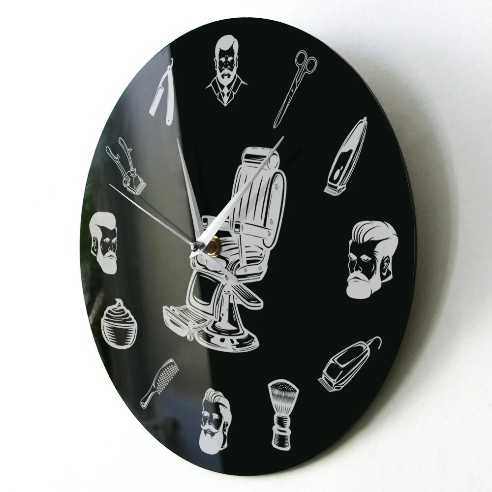 Barber Shop Sign Barber Chair Wall Clock Hair Salon Stylist Equipment Men Haircut Barbershop Retro Black Wall Clock Silent Sweep