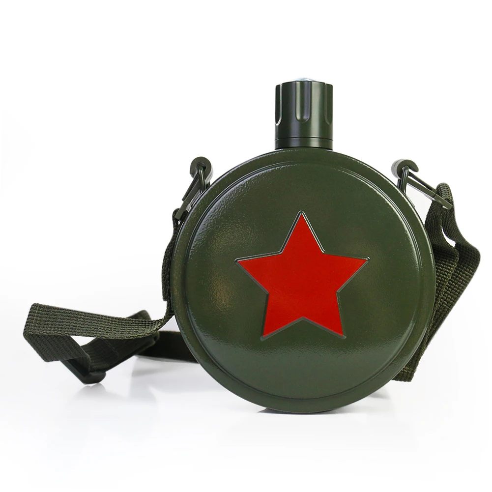 Military Stainless Steel Canteen Bottle 5-Pointed Star Marching Kettle Hip Flask Outdoor Water Wine Pot with Strap 500ml