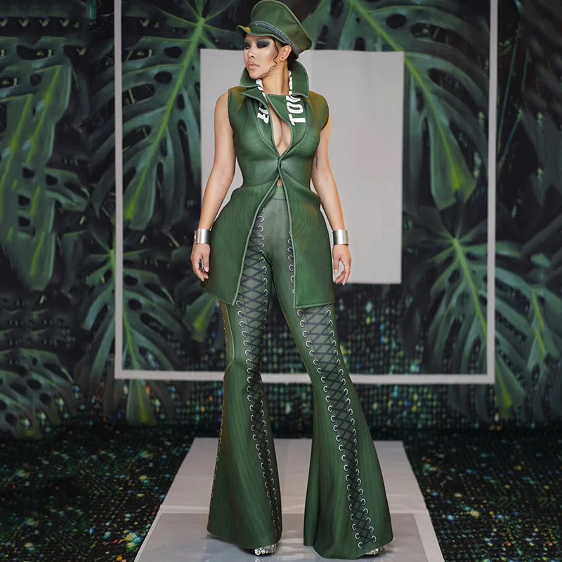 

Women Sexy Stage Costume Green Jumpsuit Jacket Flared Pants Celebrity Birthday Festival Outfit Nightclub Dj Costumes Rave Wear