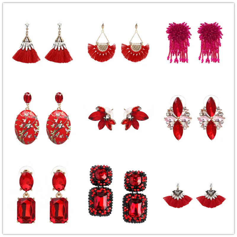 JURAN 32 Designs Red Bohemian Handmade Tassel Earrings For Women Female Crystal Dangle Earring Brincos Statement Fashion Jewelry