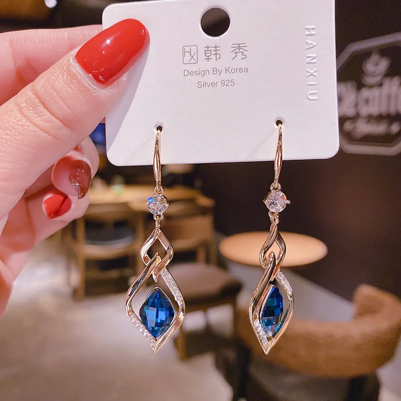 2021 Trendy Korean Long Earrings For Women Blue Crystal Geometry Elegant Female Dangle Drop Earrings Fashion Jewelry Accessories