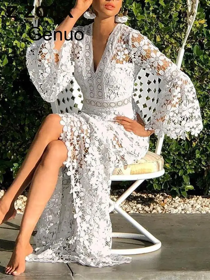 

Women Dresses Lace Dress Flare Sleeve V-Neck Hollow Out Beachwear White Party Evening Sexy Long Dresses Cordn Vestido