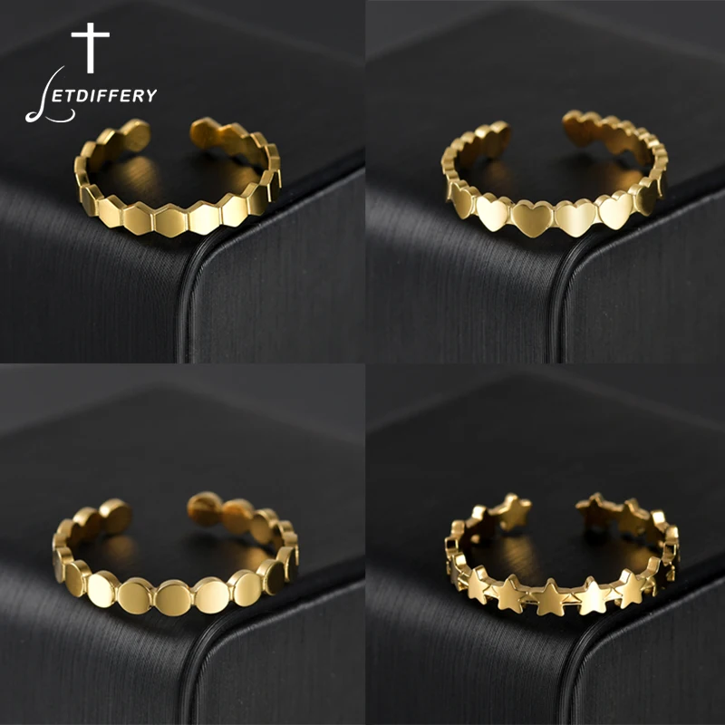 Letdiffery Elegant Stainless Steel Women Rings Heart Star Geometric Shape Adjustable Ring Vintage Jewelry Birthday Gifts