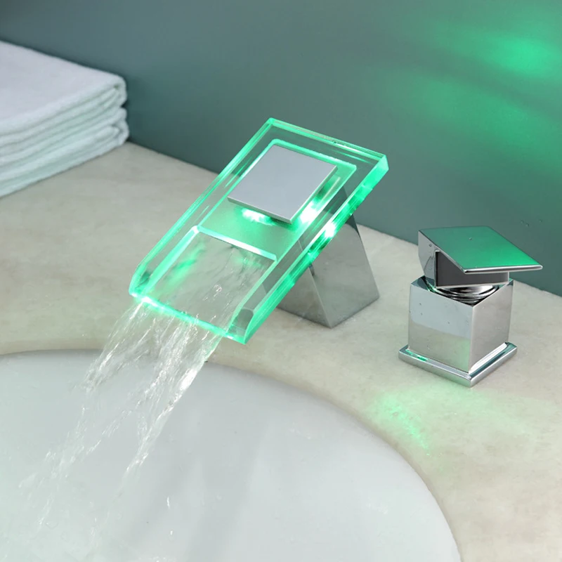 Modern Fancy Temperature Control LED Light Bathtub Faucet Dual Hole 3-Color Waterfall Bathroom Basin Mixer Tap BF1026