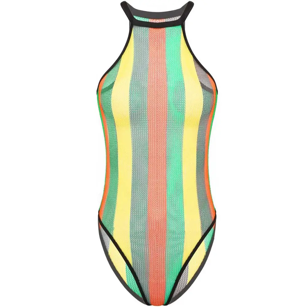 Womens Swimsuits Rave Rainbow Striped Fishnet Swimwear Bikini See Through Mesh Bodysuit Beachwear Dance Festivals Bathing Suit