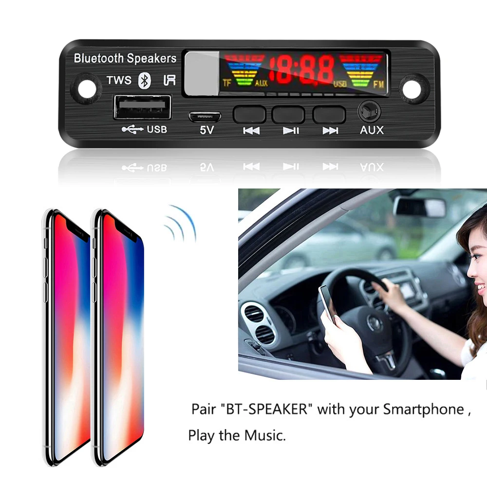 DC 5V Bluetooth 5.0 APE MP3 Decoder Board Handsfree TWS Wireless FM Radio MP3 Player USB AUX TF FM Radio for Car Speaker