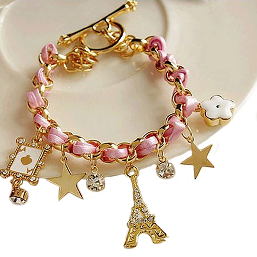 Trendy Women Flowers Bracelet chain Star Heart Paris Eiffel Tower Crown Poker Cute Bangle Leather Rope Chain Jewelery Gift