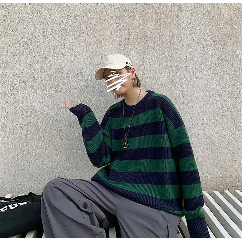 Vintage knitted sweater men\'s Harajuku casual cotton Pullover Tate Langdon sweater same striped couple top autumn 2021