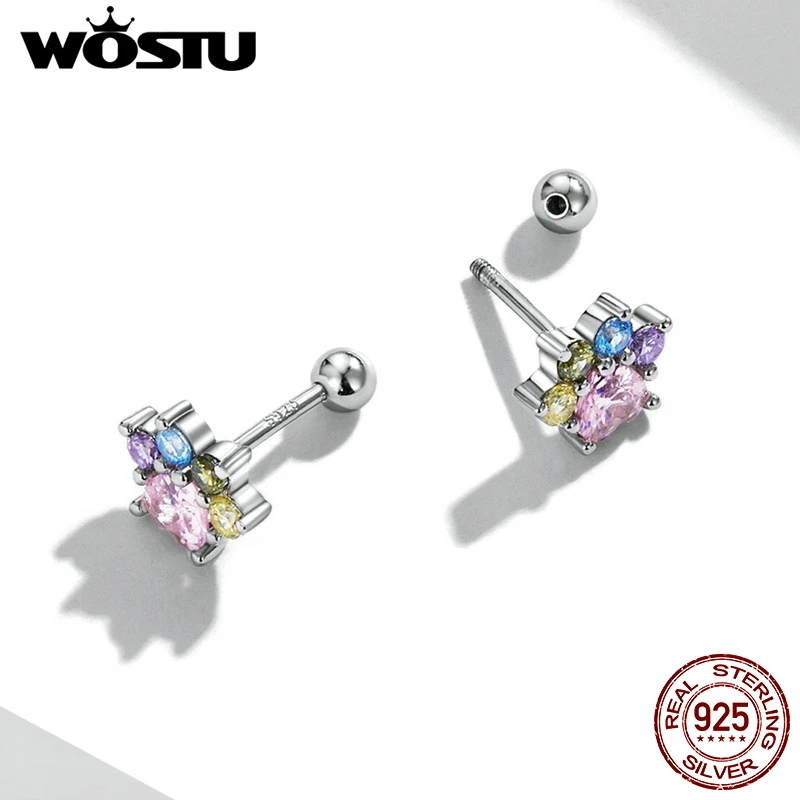 WOSTU 925 en argent Sterling chat chien animaux colorés pattes mignonnes arc-en-ciel boucles d'oreilles pour les femmes mode fête bijoux cadeau CQE1334