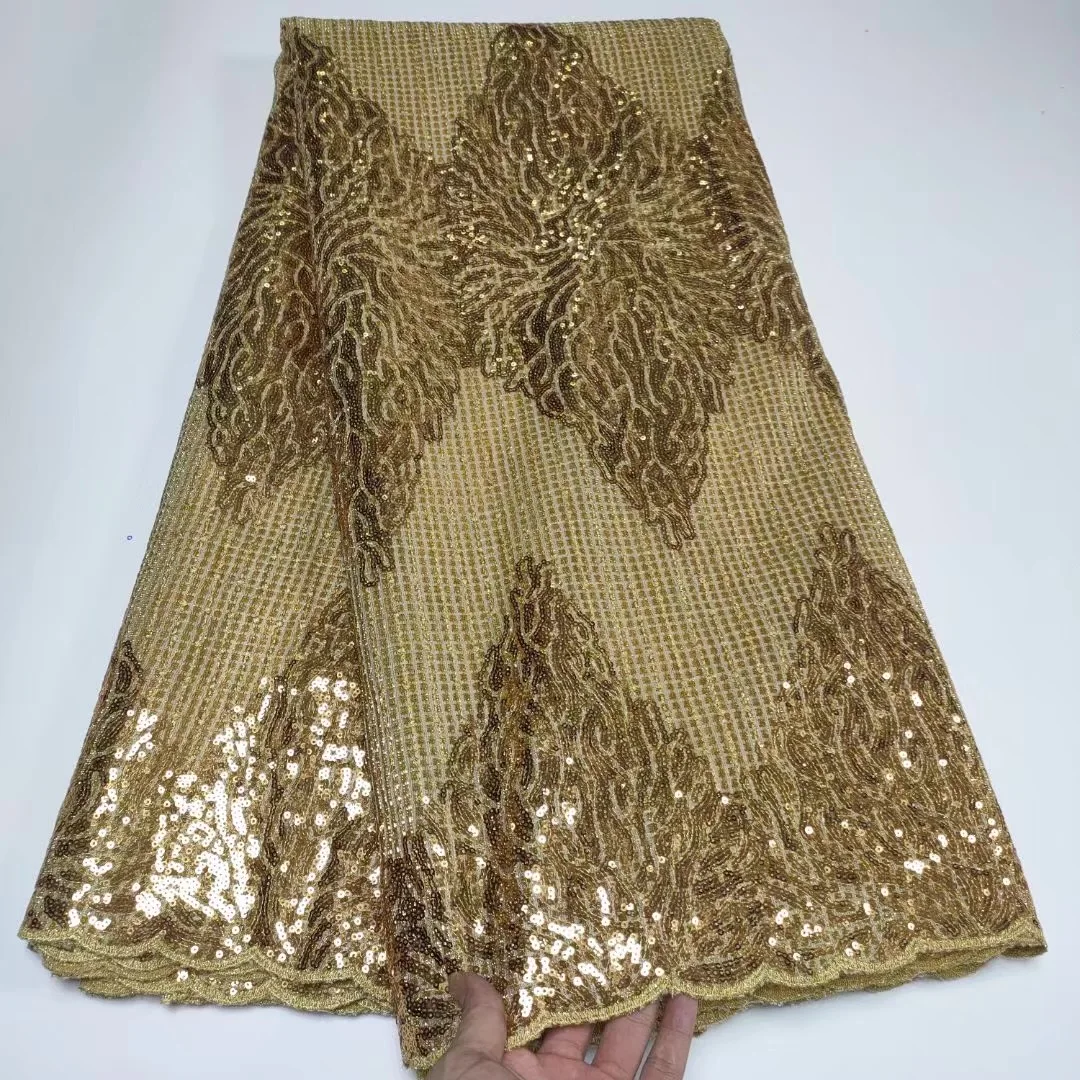 

(5yards/pc) 2021 Newest gold African tulle lace wonderful sequins embroidered French net lace fabric for party dress FTY005