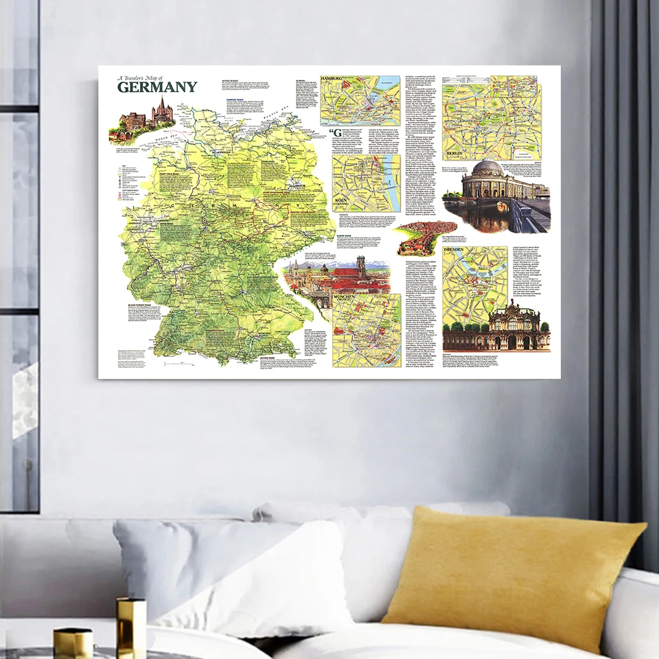 Póster Vintage de 150x100cm, mapa de viaje de Alemania en 1991, lienzo no tejido, pintura para sala de estar, decoración del hogar, suministros escolares