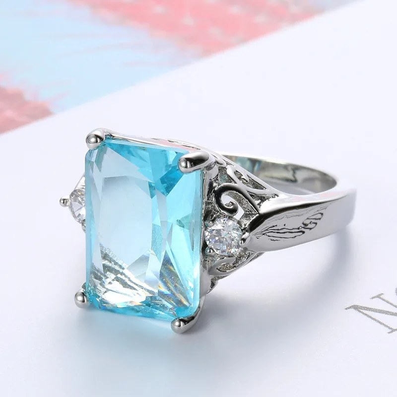 

100% Real Silver Color Aquamarine Rings For Women Sky Blue Topaz Ring Gemstones Plata S925 Jewellery Christmas Gift