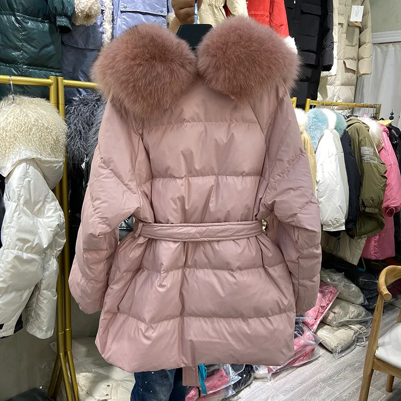 2021 Winter New White Duck Down Jacket Women's Short Love Collar Fox Large Fur Collar Waist Waist Thin Warm Coat