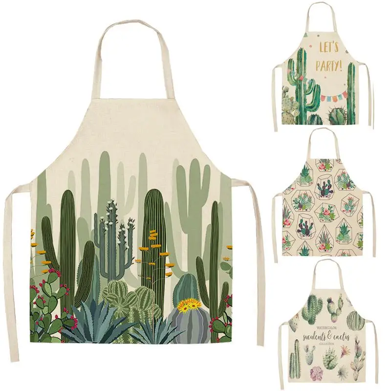 Cactus Pattern Kitchen Apron for Woman Sleeveless Linen Cotton  Aprons Home Cooking Baking Bibs Cleaning Tools WQ60