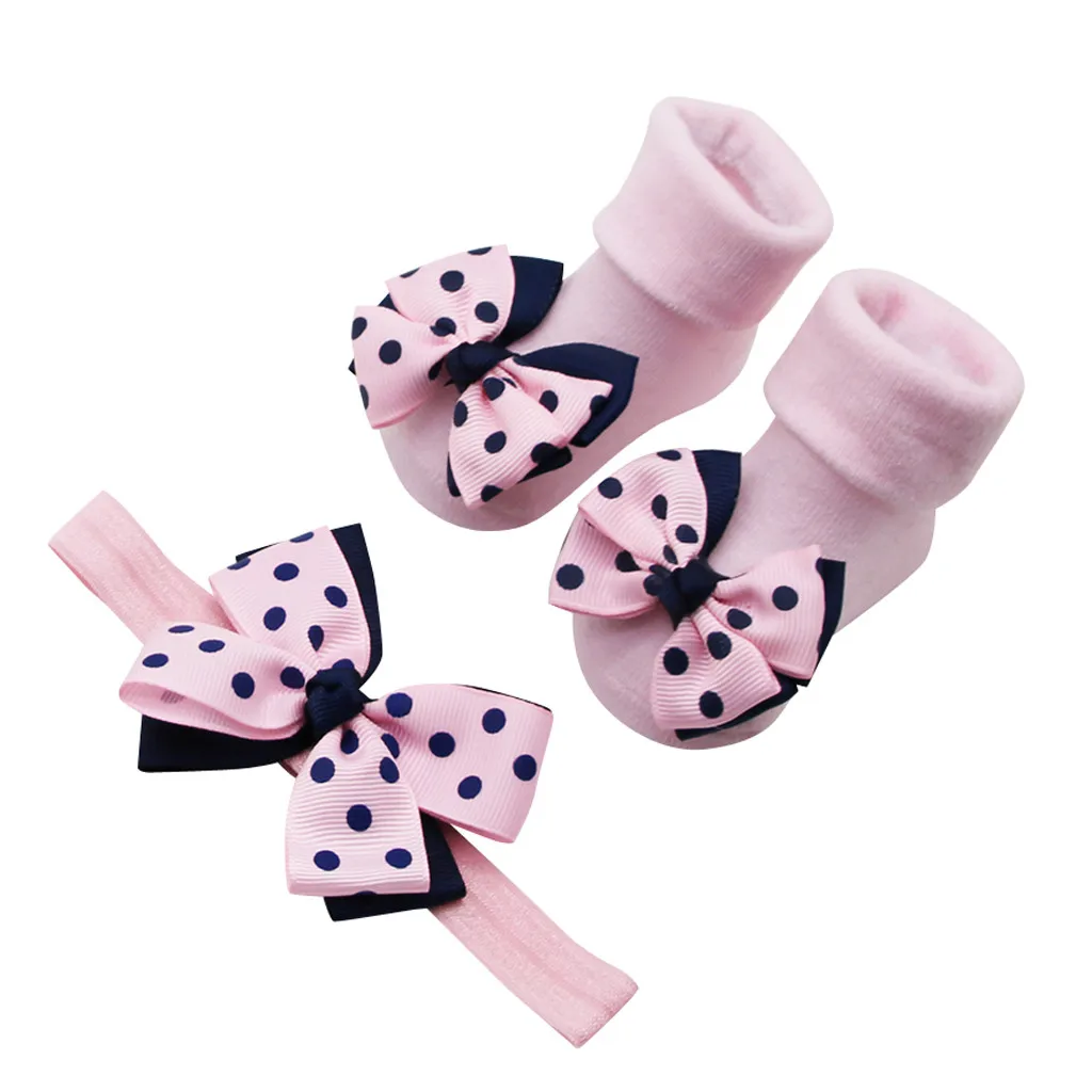 Baby Infant Socks +1PC Hair Belt Toddler Girls Bow Wave Point Non Slip Socks  Newborn Baby Socks Active Baby Keep Warm Clothes