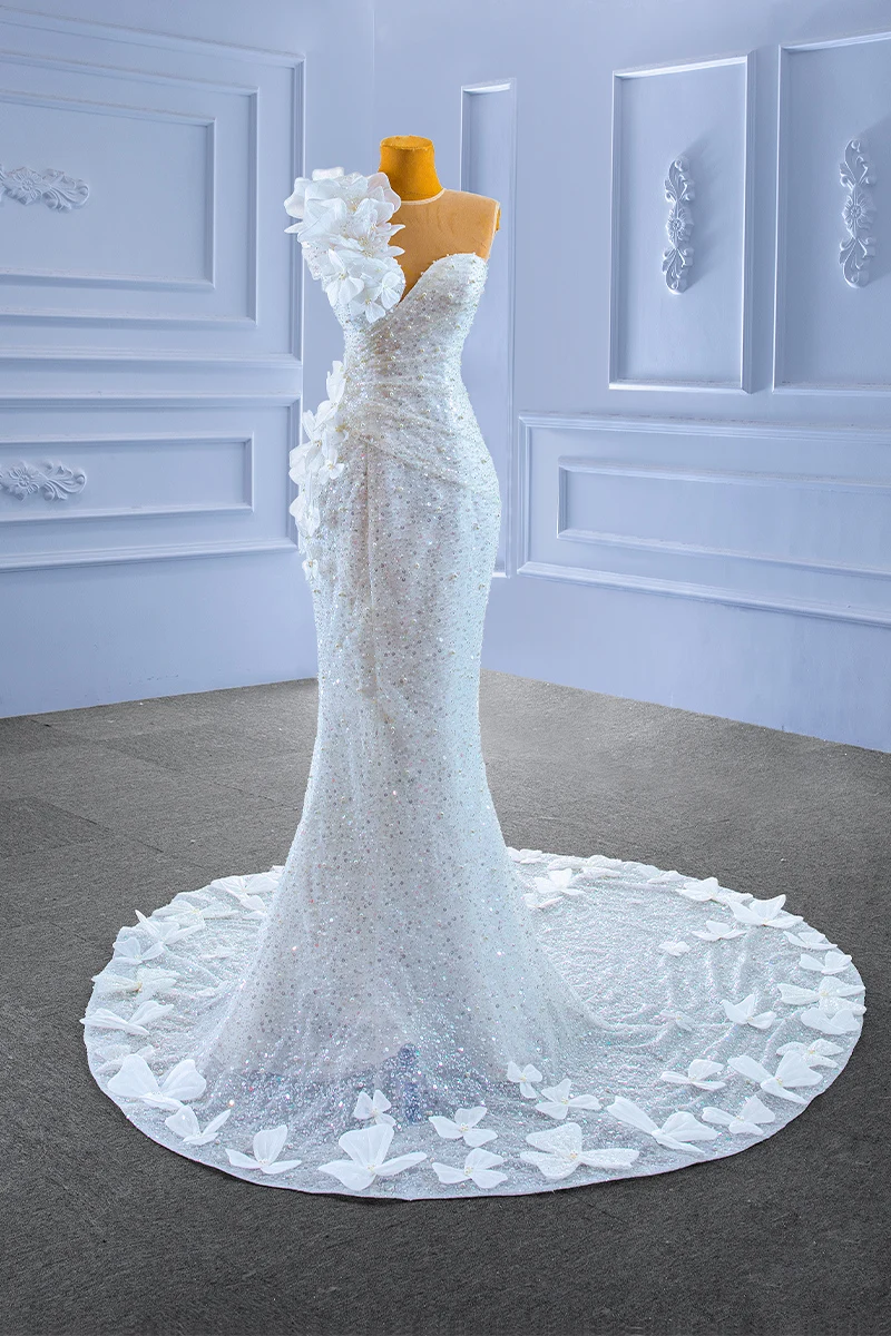 RSM Collection – robe de mariée asymétrique, asymétrique, épaule dénudée, motif de fleurs 3d, faite par le client, modèle 67424