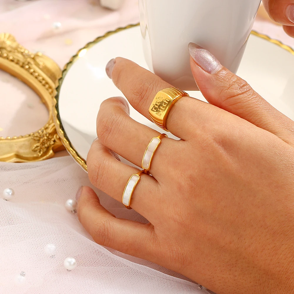 E.B.belle  Stainless Steel Tarnish Free Jewelry Natural Shell Ring Thin Small Size White Rings For Woman Ladies Elegant Ring
