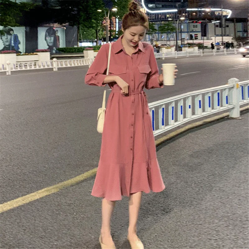 

Fashion Black Chiffon Belt Dresses For Women 2022 New Fat Sister Was Thin Shirt Dress Femme Mid-Long Ruffle Dress Femme Elegant