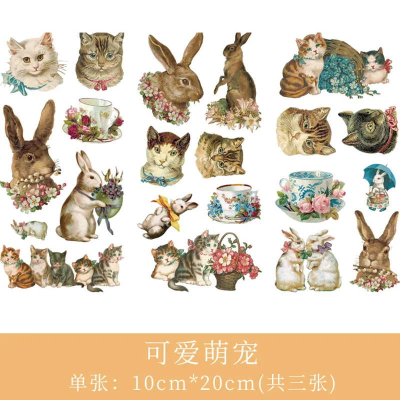 3 Sheets /Pack Watercolored Cats and Rabbits Washi Paper Adhesive Diary Decorative Stickers