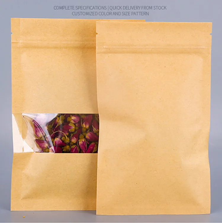 Flat Bottom Kraft Paper High Clear Window Zip Lock Bag Resealable Coffee Nuts Dried Fruits Heat Sealing Pack Storage Pouches