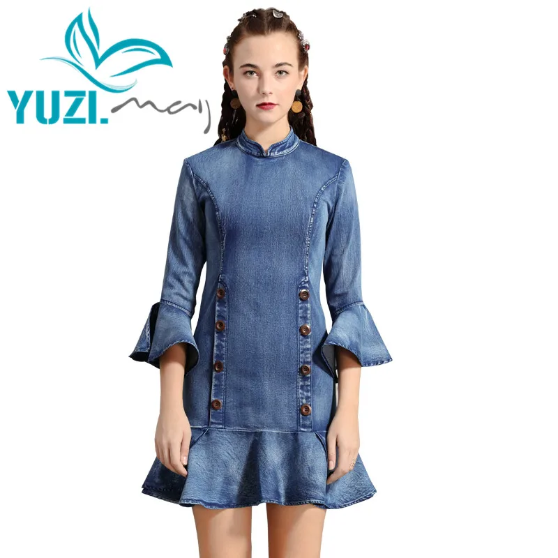 

Dress Women 2019 Yuzi.may Boho New Denim Women Dress Stand Collar Flare Sleeve Ruffles Hem Vestidos A82192 Vestido