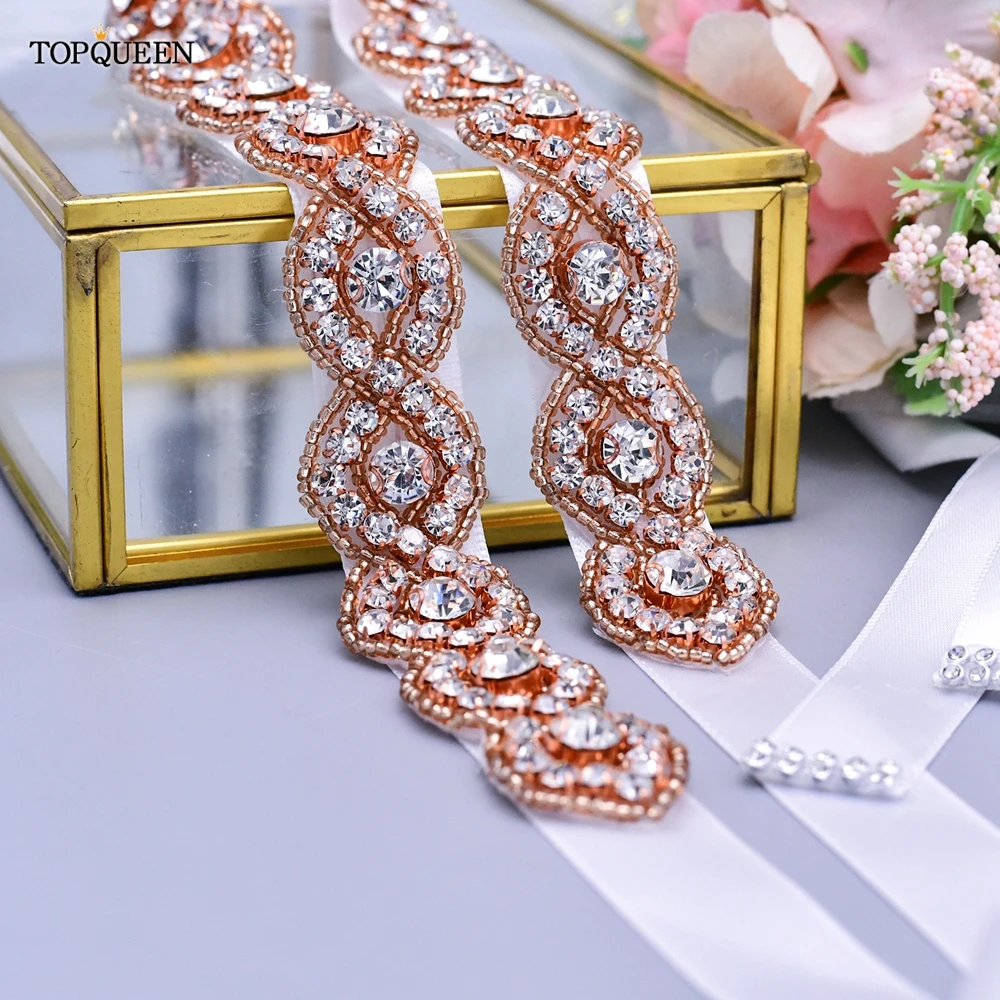 TOPQUEEN S28-RG Rose Gold Bridal Belt Rhinestone Women'S Sash Wedding Jewelry Shiny Female Maternity Waist Dress Appliques