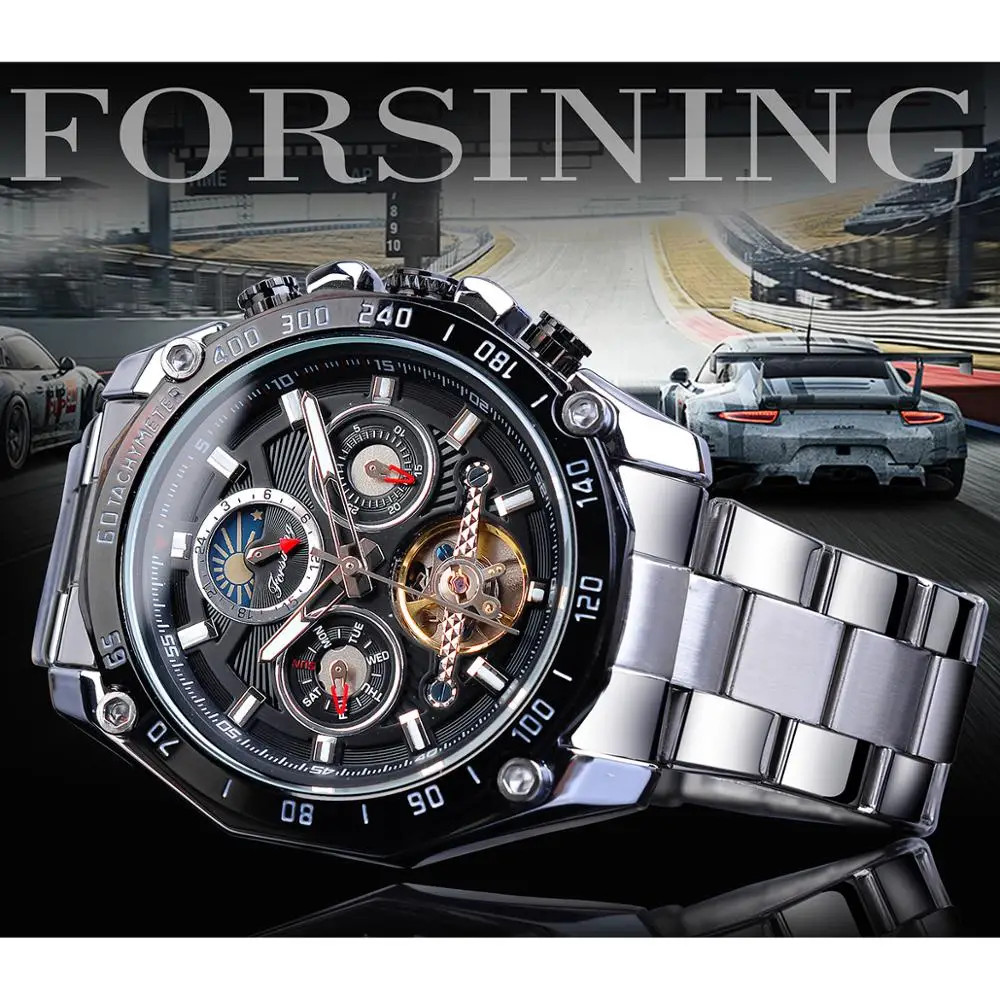 Forsining Brand Black Male Mechanical Watches Automatic Multifunction Tourbillon Moon Phase Date Racing Sport Steel Band Relogio