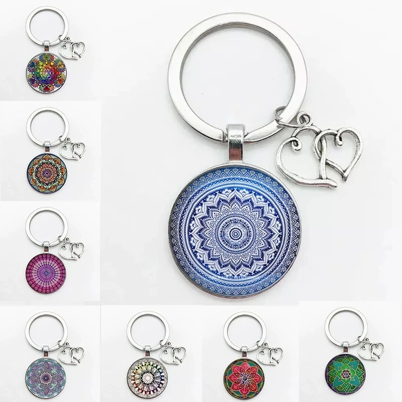 Yoga indiano Mandala fiore portachiavi buddista Chakra modello portachiavi portachiavi catena Cabochon in vetro gioielli all'henné