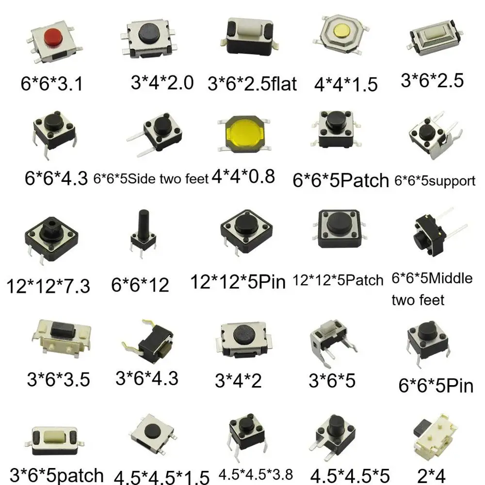 Microinterruptor surtido de botones tácticos, reinicio, 25 tipos, SMD DIP, 2x4, 3x6, 4x4, 6x6, Kit de bricolaje, 250 unids/lote por caja