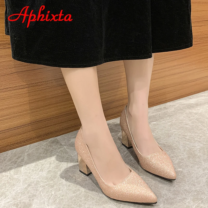 Aphixta 2024 Bling 7cm Chunky Heels Women Pumps Shoes Students Dance Sequined Gold Wedding Party Leisure Super Small Size 31-46