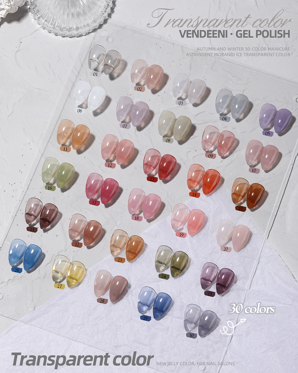 Vendeeni 30 Farben Transparenter Gel-Nagellack, Dirty Color Jelly UV Soak Off Gel-Lack, Ice Through Jade Nail Art Gel-Lack – Detail 2