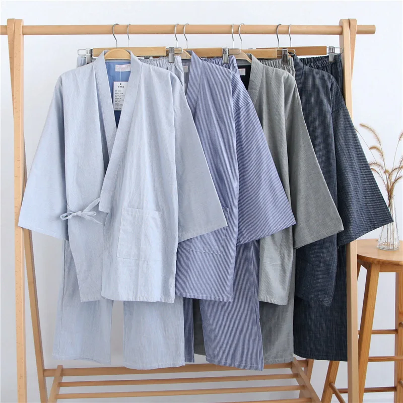 Traditional Japanese Pajamas Set soft Robe Pants Kimono Haori Yukata Nightgown Japan Style Cotton Gown Sleepwear Obi Outfits